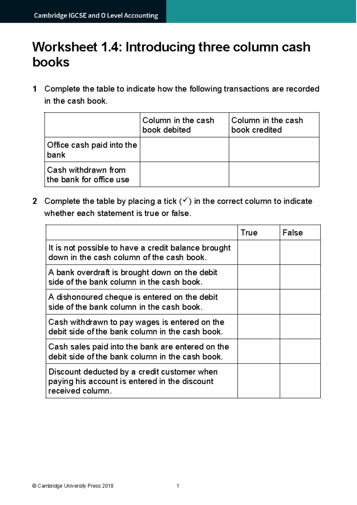 Worksheet 1.4 Introducing three column cash books - Column in the cash ...