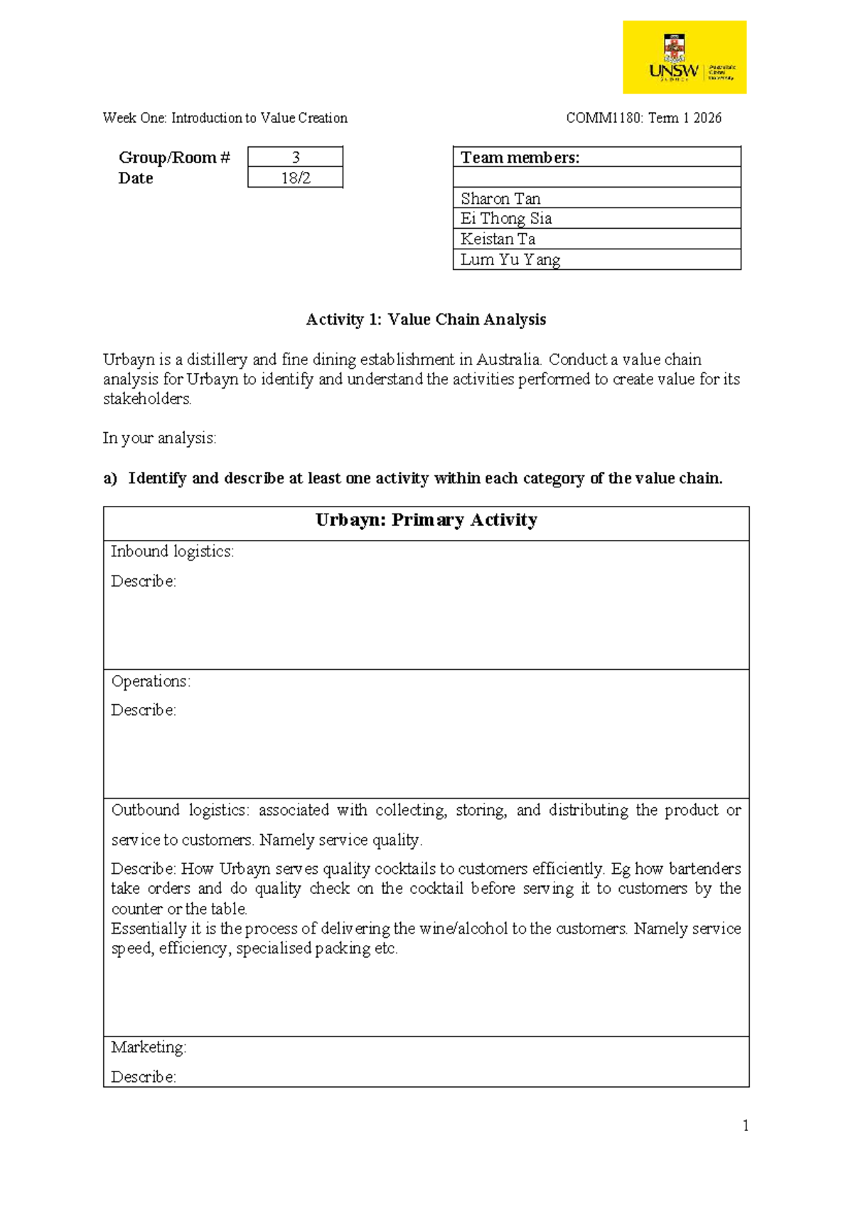 Week 01 Tutorial Worksheet: Value Creation Analysis COMM1180 Term 1 ...