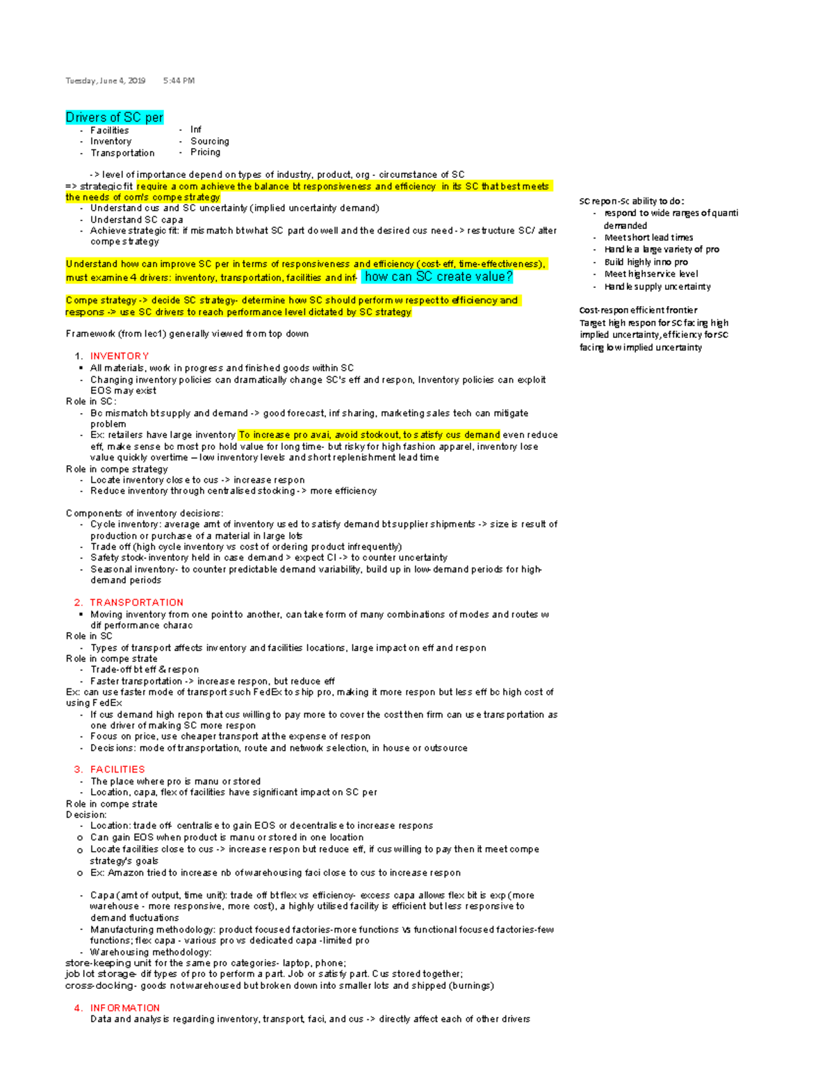 OPS908 Supply Chain Management Week 3 Lecture note Drivers of Supply ...
