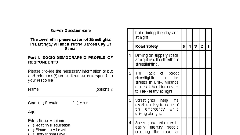 Survey Questionnaire on Streetlight Implementation & Community Safety ...