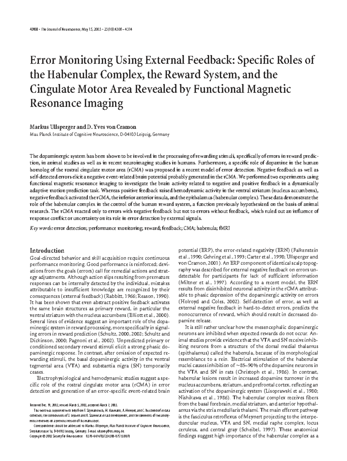 Error Monitoring and Feedback Processing in fMRI: Insights from 4308 ...