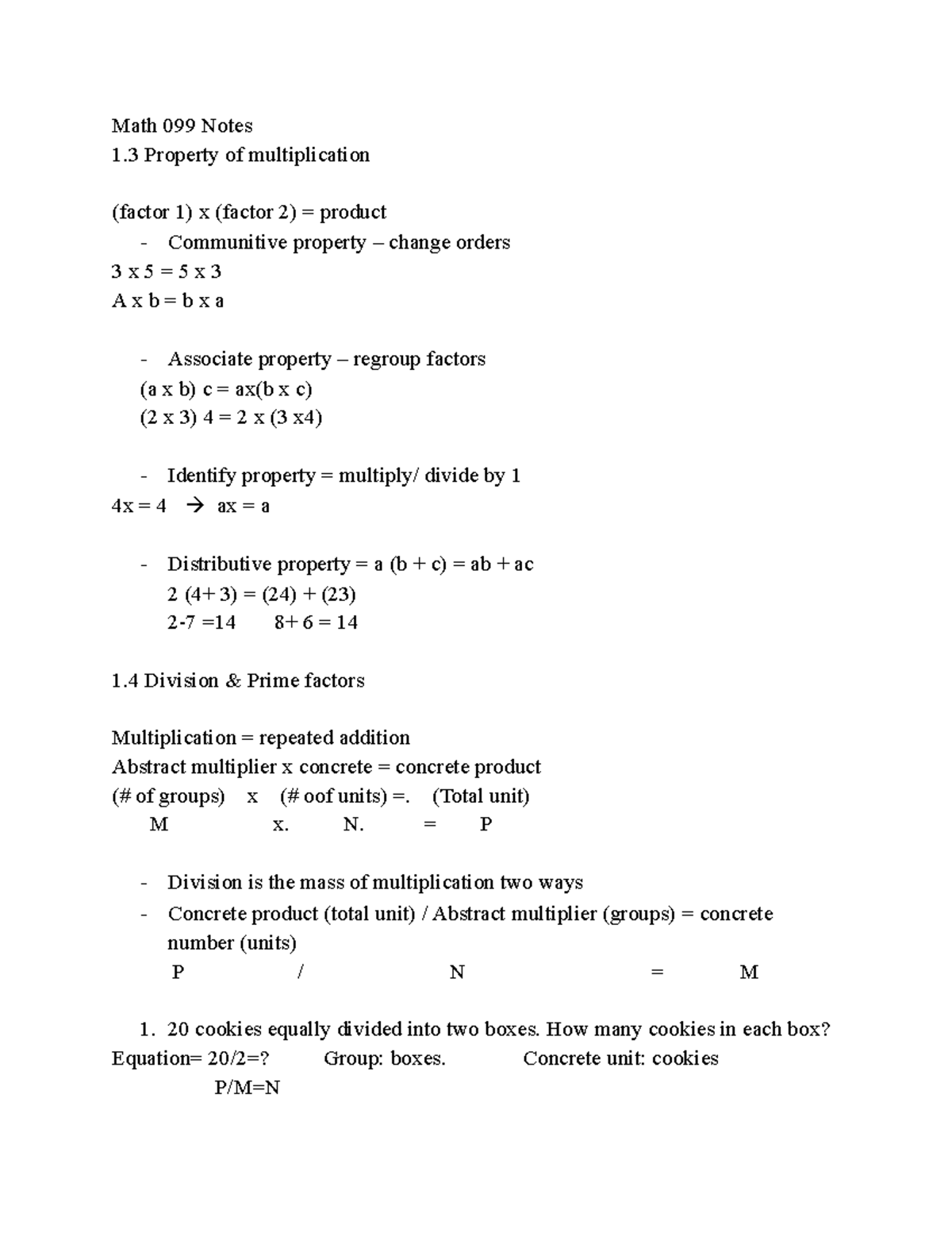 Math Notes- 1.3 Property Multipication - Math 099 Notes 1 Property of ...