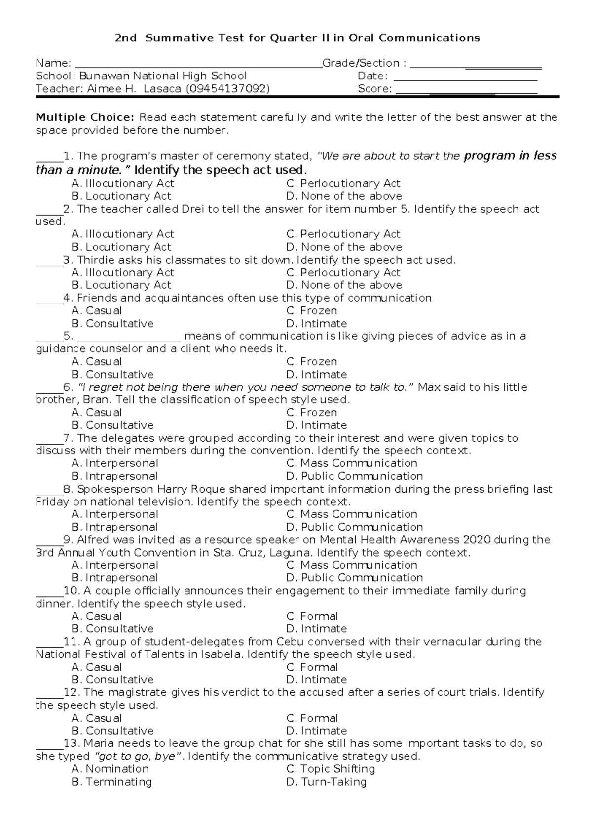 2nd Summative Test for Quarter II in Oral Communications SY 2021 - Studocu