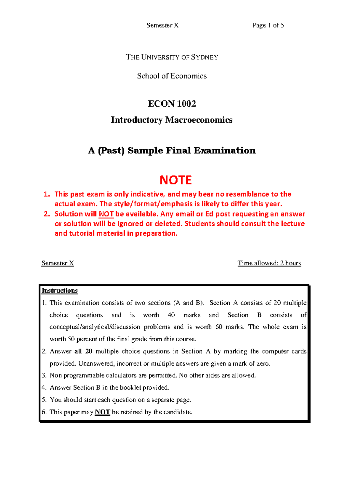 ECON 1002 Sample Final Exam: Introductory Macroeconomics A - Studocu