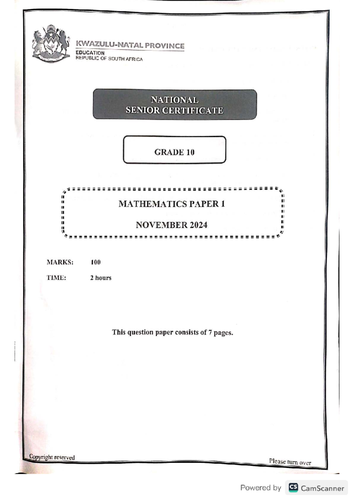 Grade 10 Mathematics P1 Year-End Exam November 2024 - Studocu