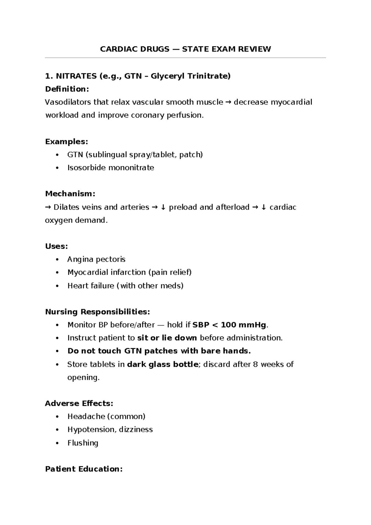CARDIAC DRUGS NURSING NOTES - STATE EXAM REVIEW - Studocu