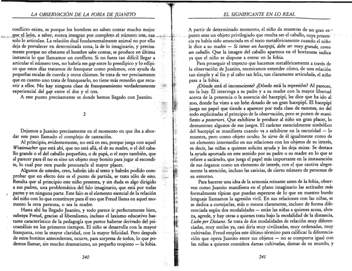 LA OBSERVACIÓN DE LA FOBIA DE JUANITO EN EL SEMINARIO DE LACAN - Studocu