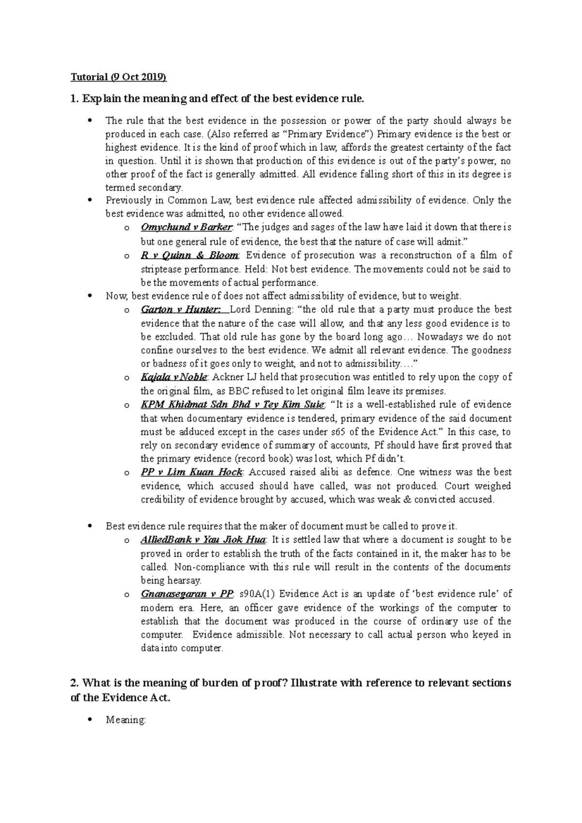 Tutorial 9: Key Concepts in Evidence Law - Best Evidence & Burden of ...