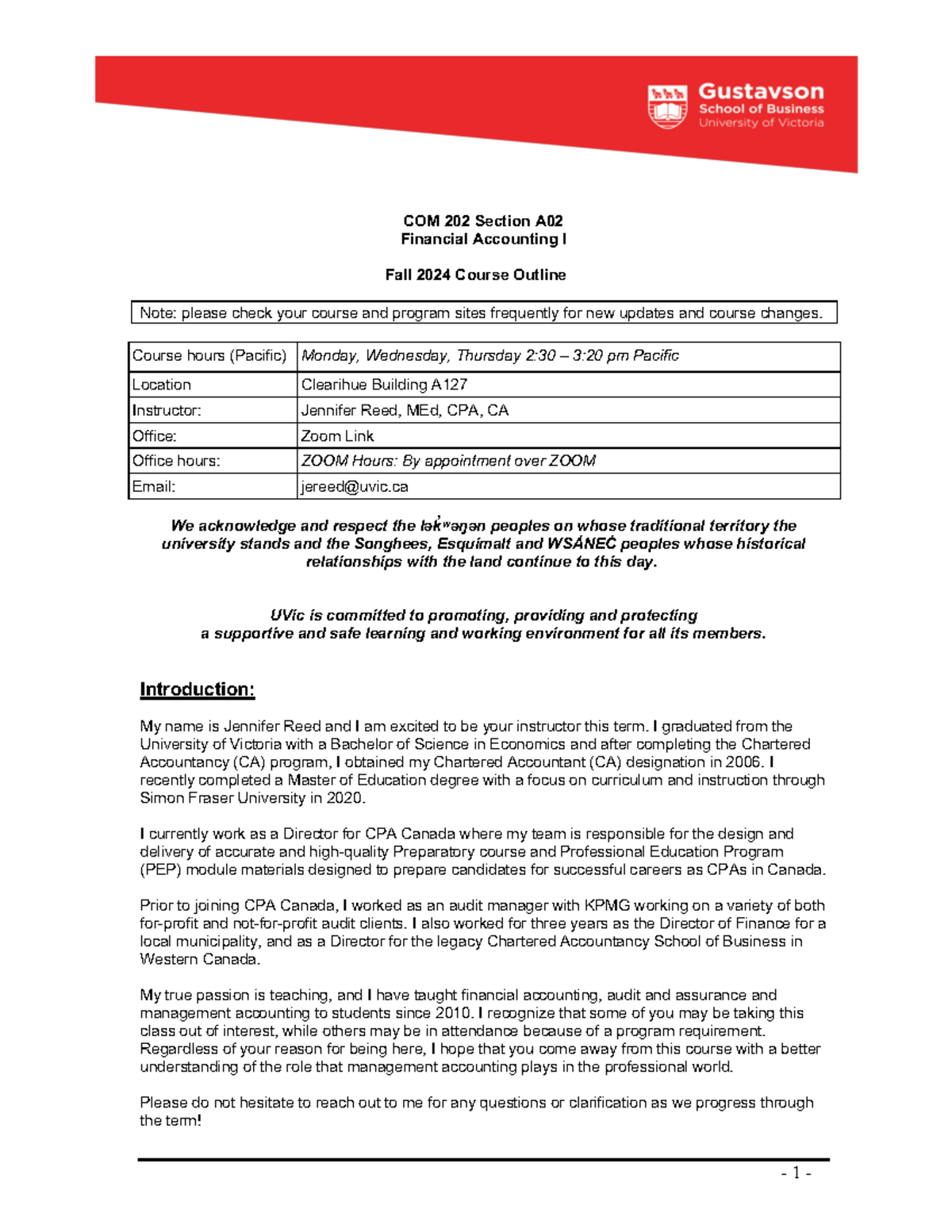 COM 202 A02 Financial Accounting I Course Outline - Fall 2024 - Studocu