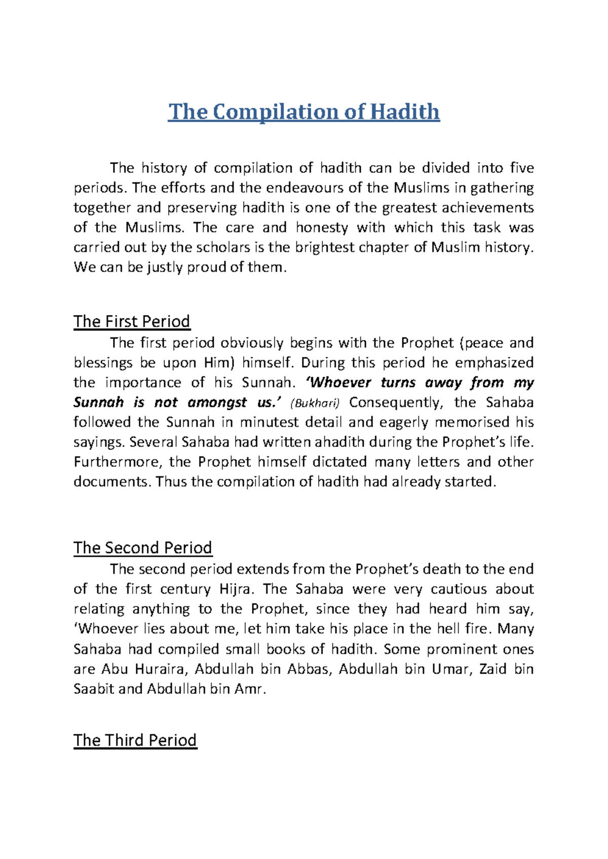 The Historical Compilation of Hadith: A Comprehensive Overview - Studocu