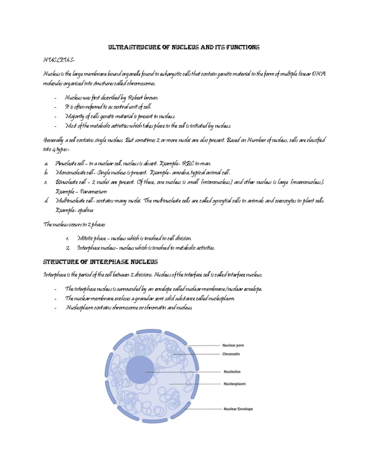 Ultrastructure and Functions of the Nucleus - BIO101 Notes - Studocu
