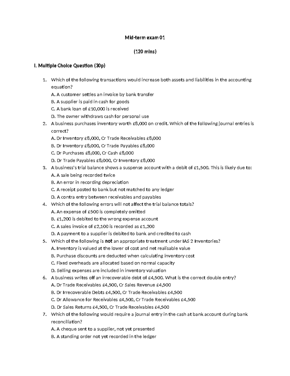 Midterm Exam 01: Accounting Multiple Choice Questions & Financial ...