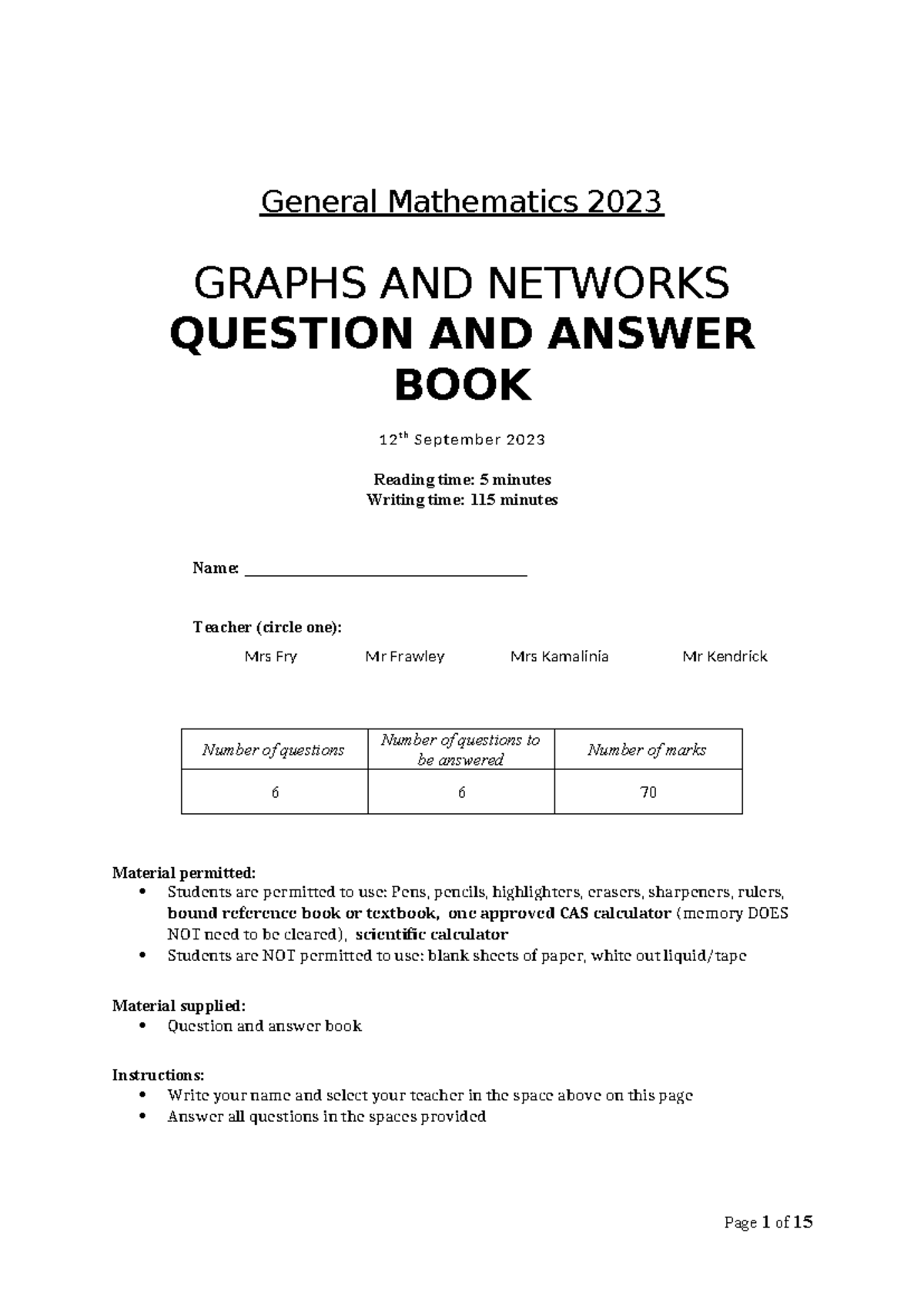2023 General Mathematics Networks SAC - Question & Answer Guide - Studocu