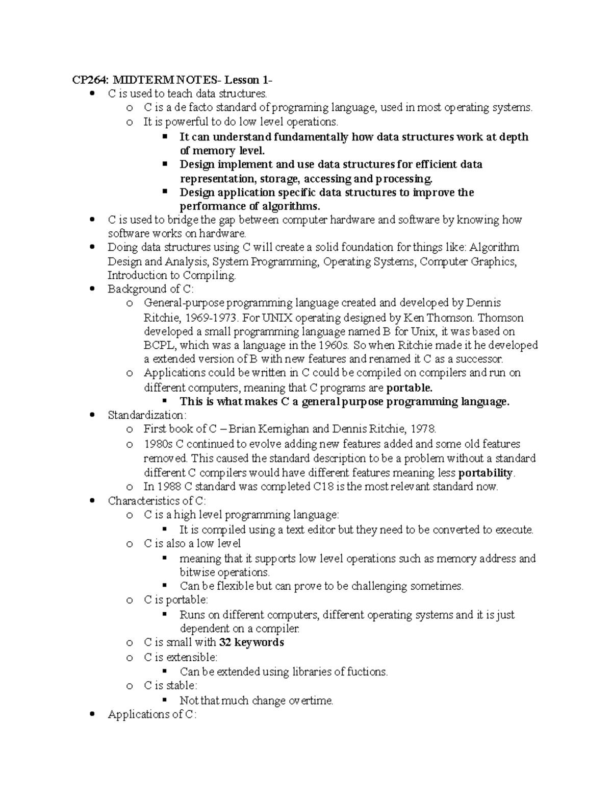 CP264 - Midterm Notes: Key Concepts of C Programming and Data ...