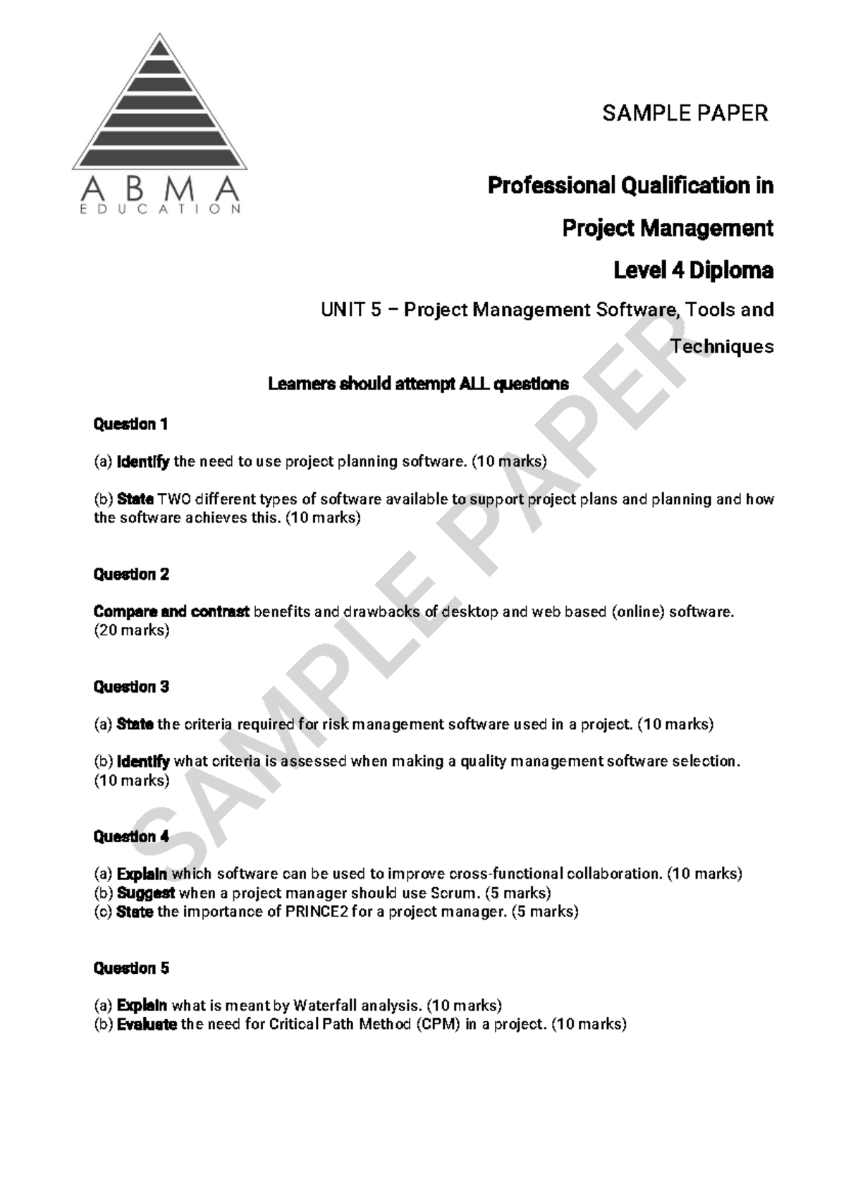 PM Level 4 Diploma Unit 5 Sample Paper: Project Management Software ...