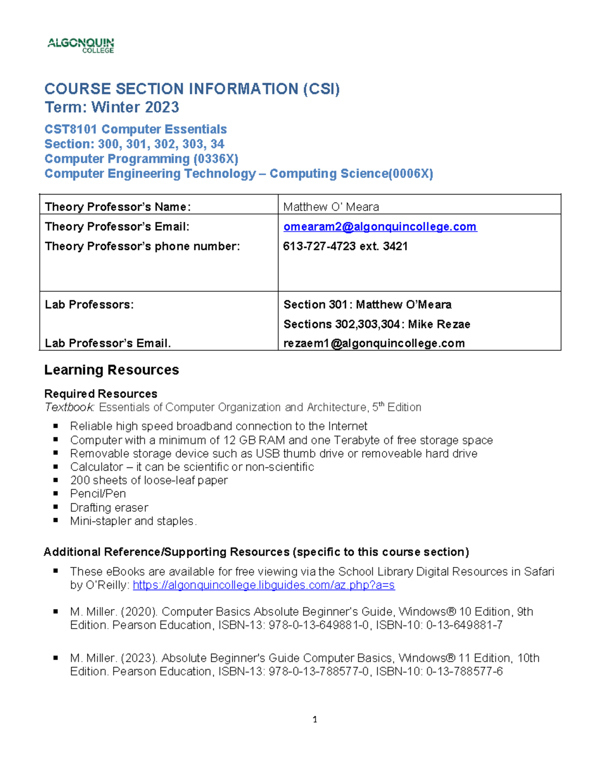 CST8101 Computer Essentials Course Section Information - Winter 2023 ...
