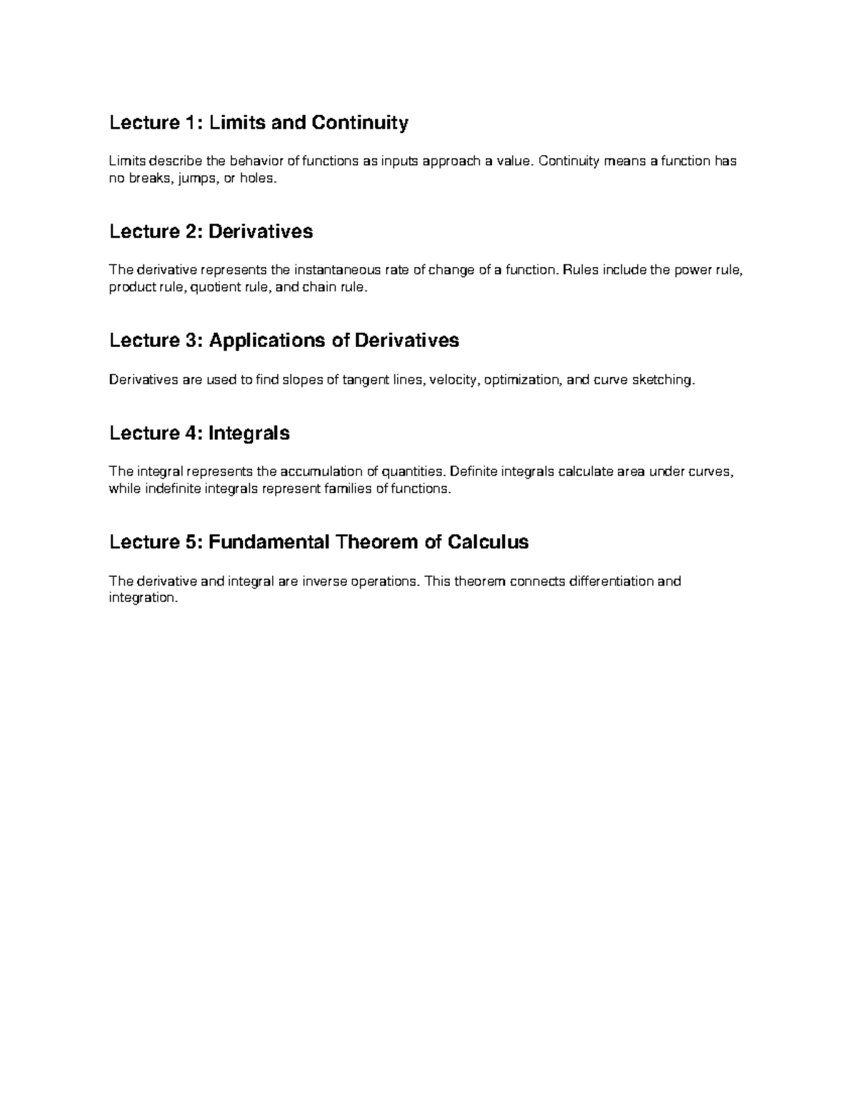 Calculus Lecture Notes: Limits, Derivatives, and Integrals - Studocu