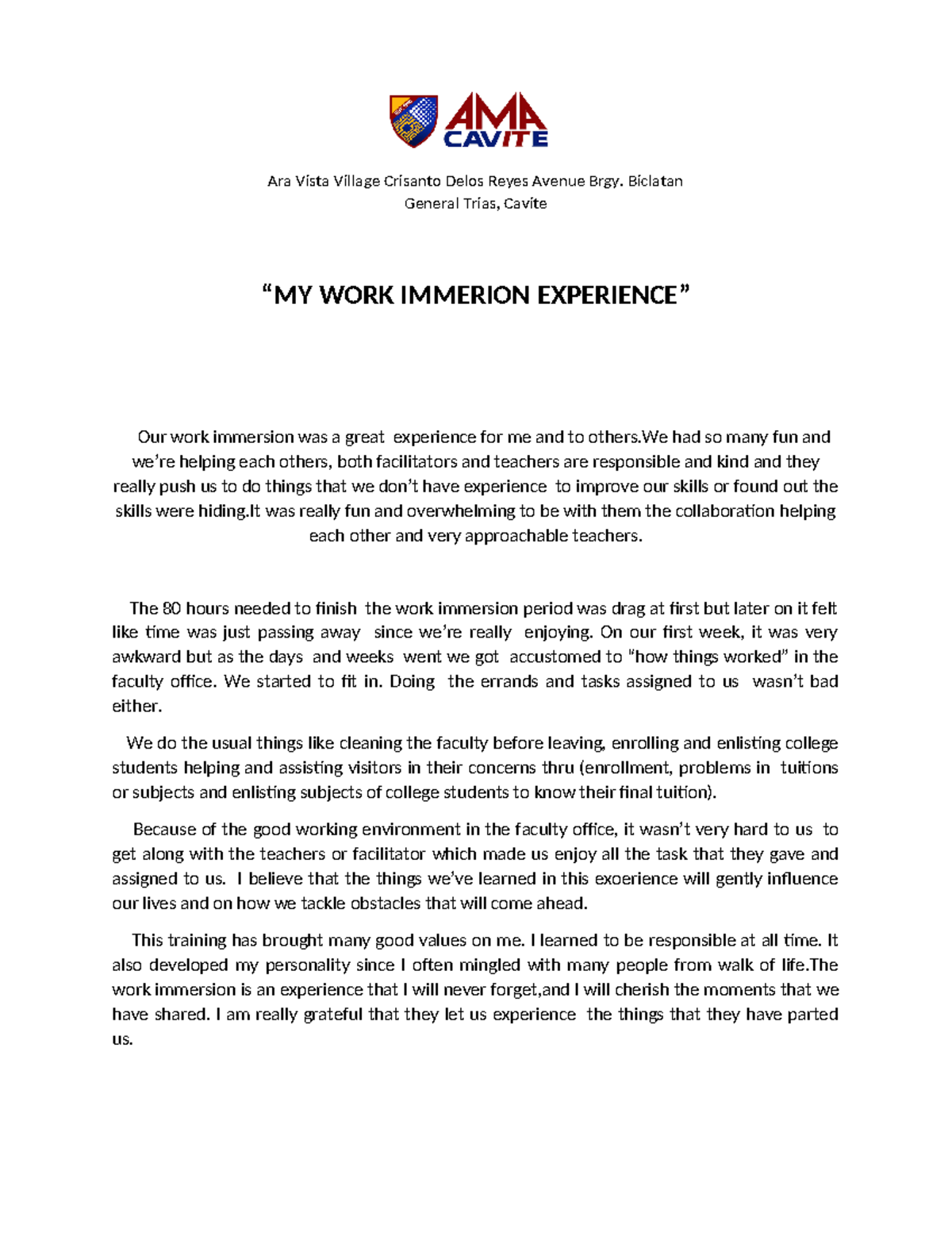 Immersion essay - drqtwt - Ara Vista Village Crisanto Delos Reyes ...