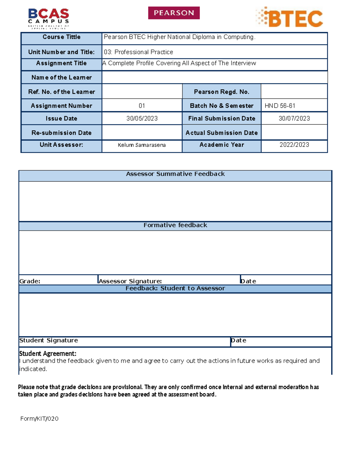 HND60: Professional Practice Assignment - Interview Profile Guide - Studocu