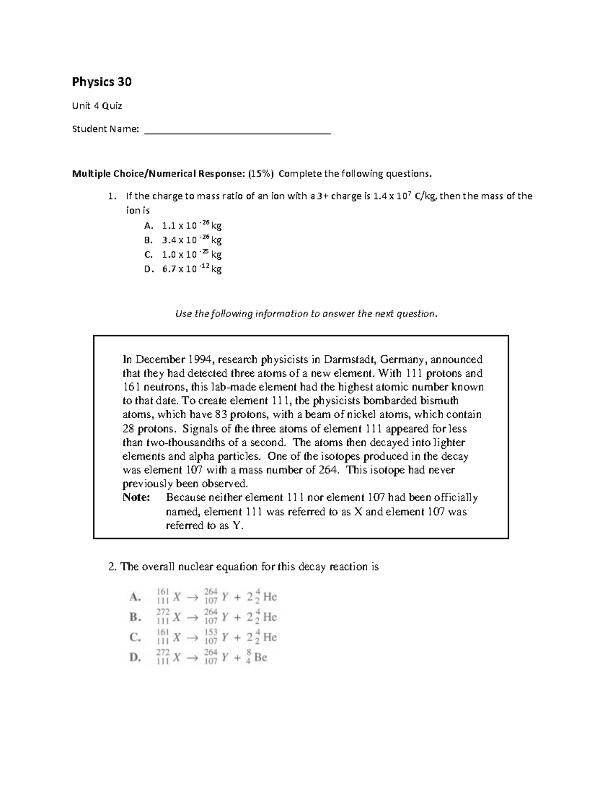 Physics 30 Unit D Quiz: Multiple Choice & Numerical Responses - Studocu