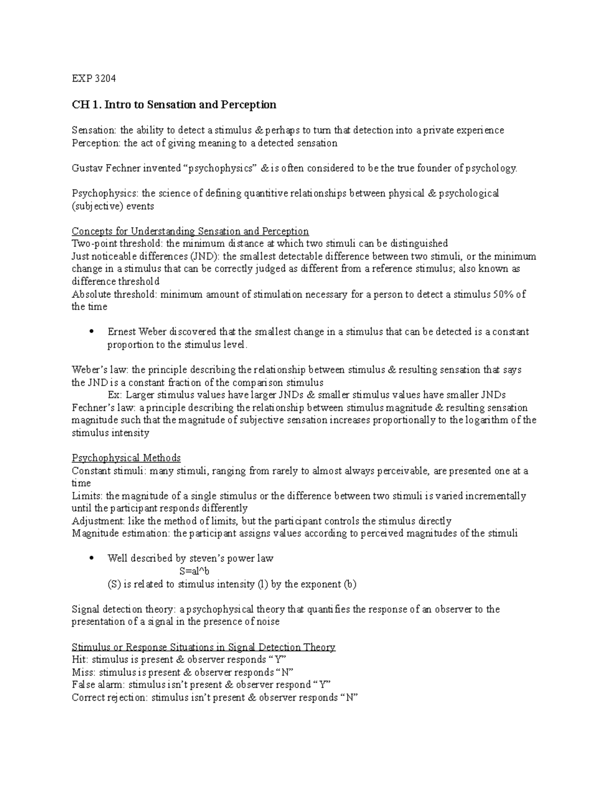 EXP 3204 - Chapter 1: Intro to Sensation and Perception Notes - Studocu