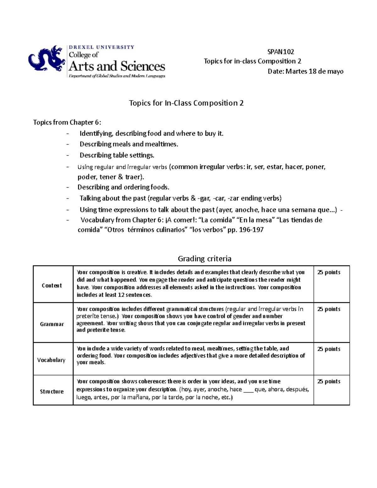 SPAN102 Spring 2021 Topics of composition 2L - SPAN Topics for in-class ...