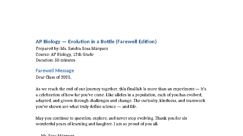 AP Biology Lab: Evolution in a Bottle Farewell Edition - Studocu