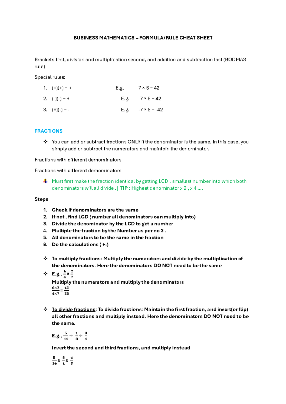 BUSINESS MATHEMATICS – FORMULA/RULE CHEAT SHEET - Studocu