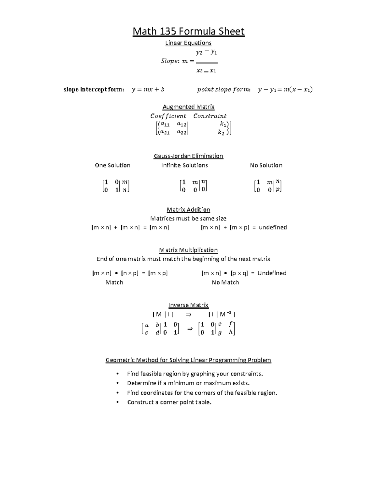 M135 Formula Sheet-2 - Math 135 Formula Sheet Linear Equations 𝑦 𝑆𝑙𝑜𝑝𝑒 ...