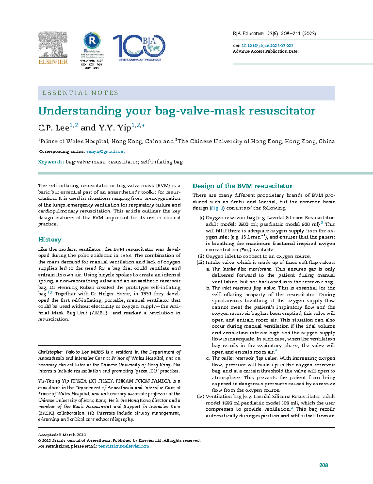 Understanding the BVM Resuscitator: Key Features and Design (BJA 23(6 ...
