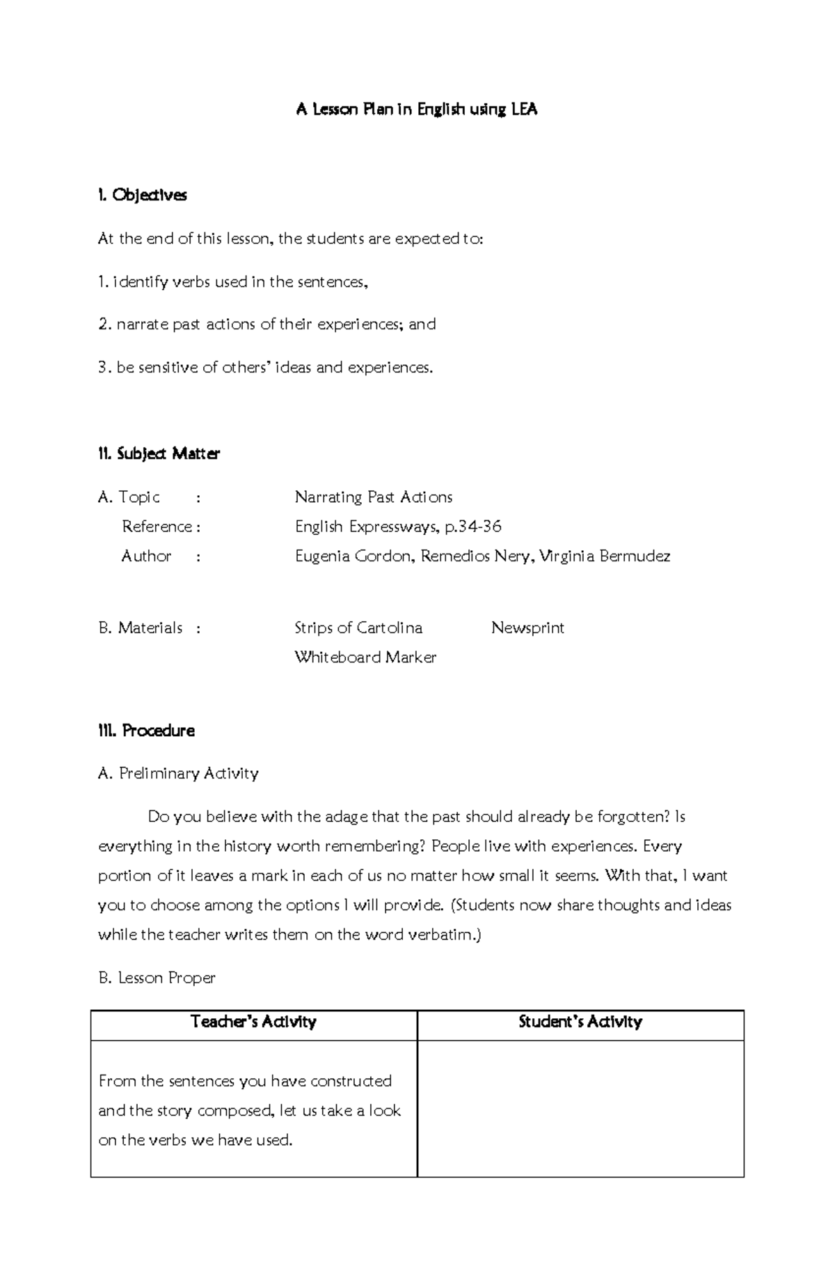 Lesson Plan: Narrating Past Actions in English (BSEd BUCE) - Studocu