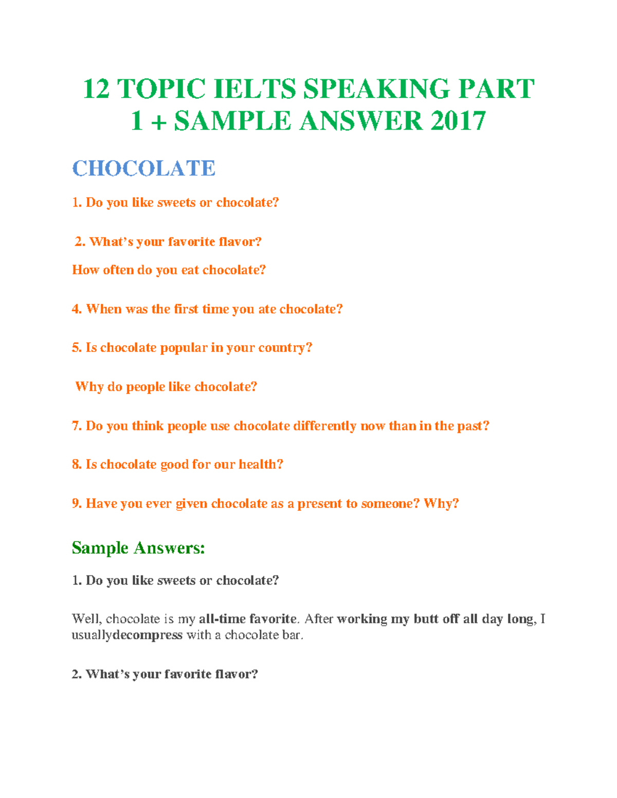 12 Topic Ielts Speaking PART 1 + Sample Answers 2017 - 12 TOPIC IELTS ...