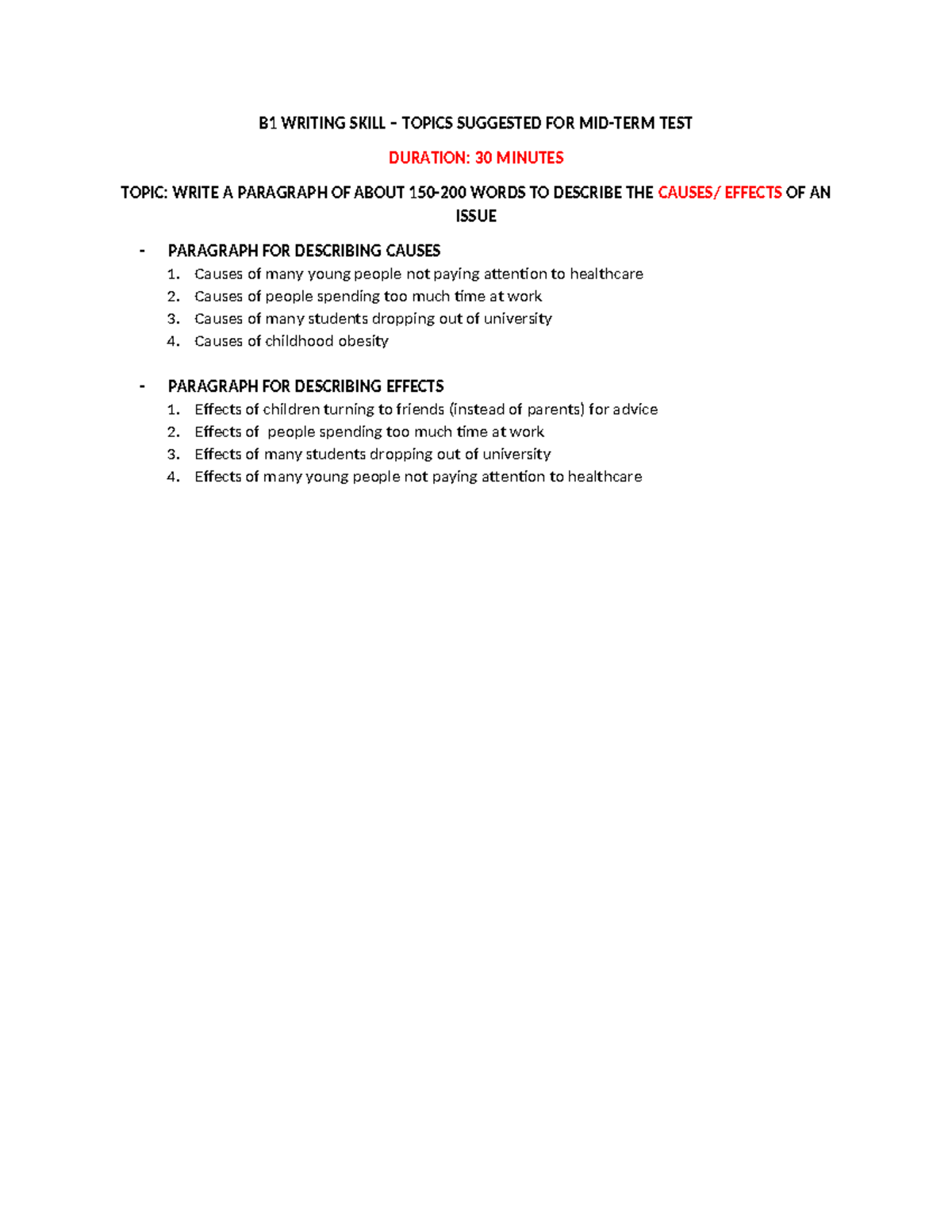 B1 Writing Skill Mid-Term Topic Suggestions for Test - Studocu