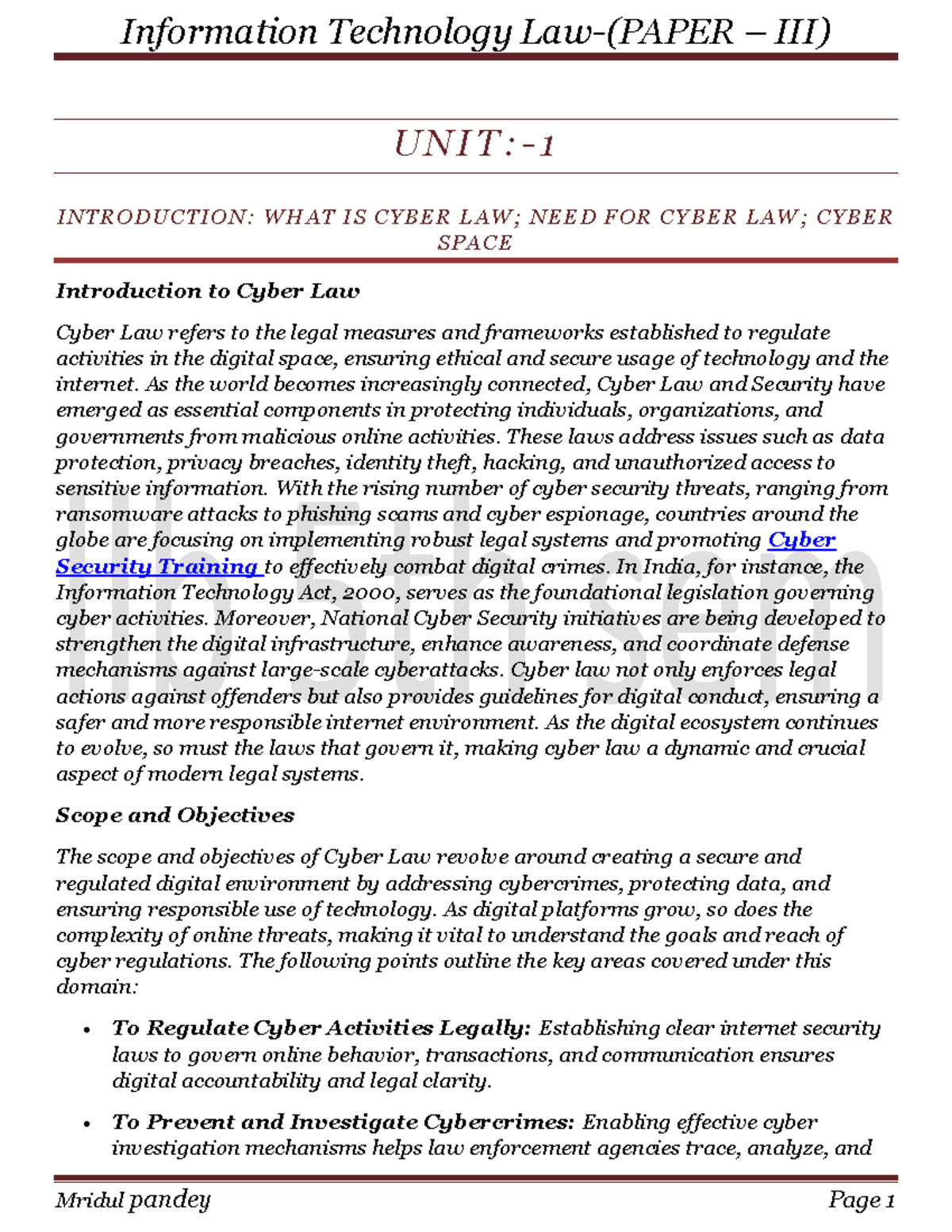 Cyber Law Notes - LLB 5th Sem: Understanding Digital Regulation - Studocu