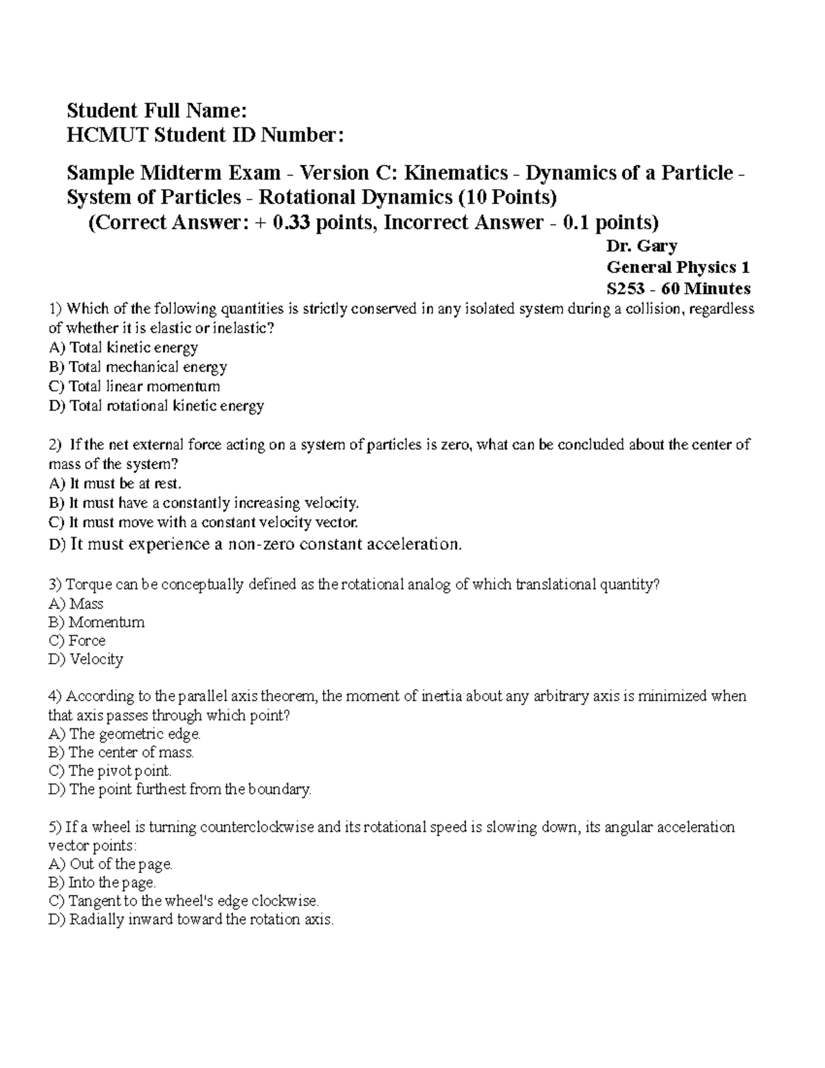 Sample Midterm Exam C - S253: Kinematics & Dynamics of Particles - Studocu
