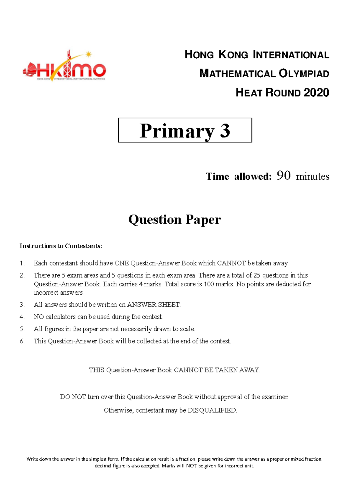 HkIMO 2020 Heat Round Primary 3 Question Paper - Studocu