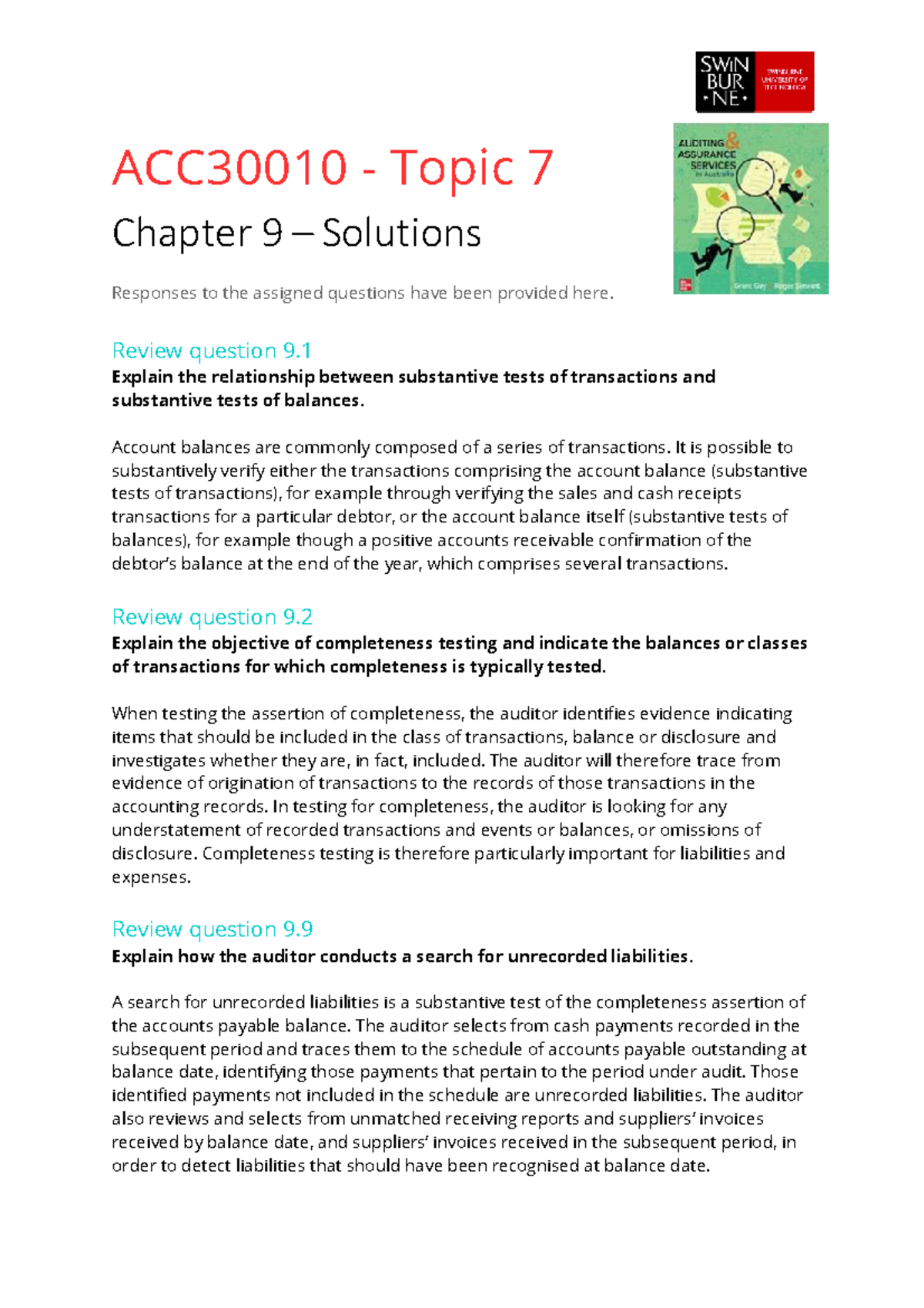 ACC30010 Topic 7 Chapter 9 Audit Procedures and Solutions - Studocu