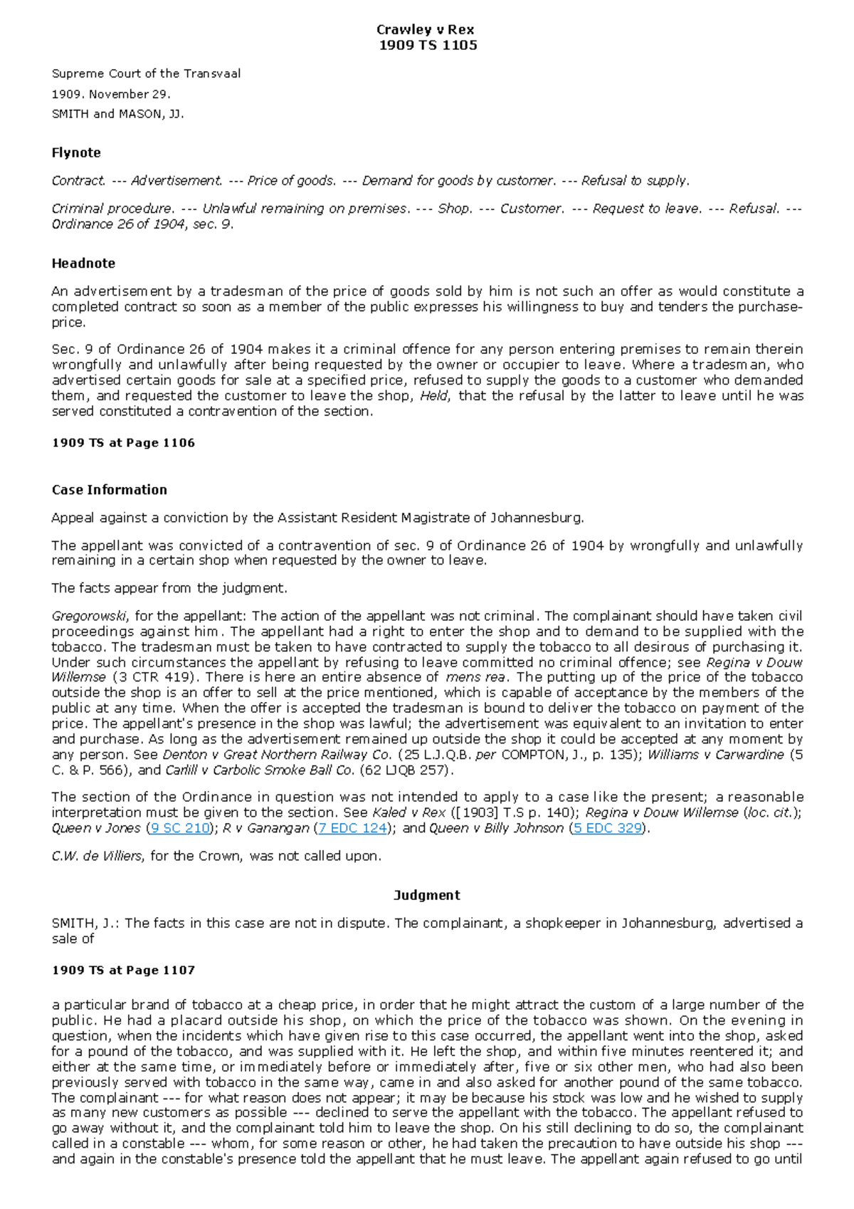 Crawley v Rex 1909 TS 1105: Contract Law & Criminal Procedure Analysis ...