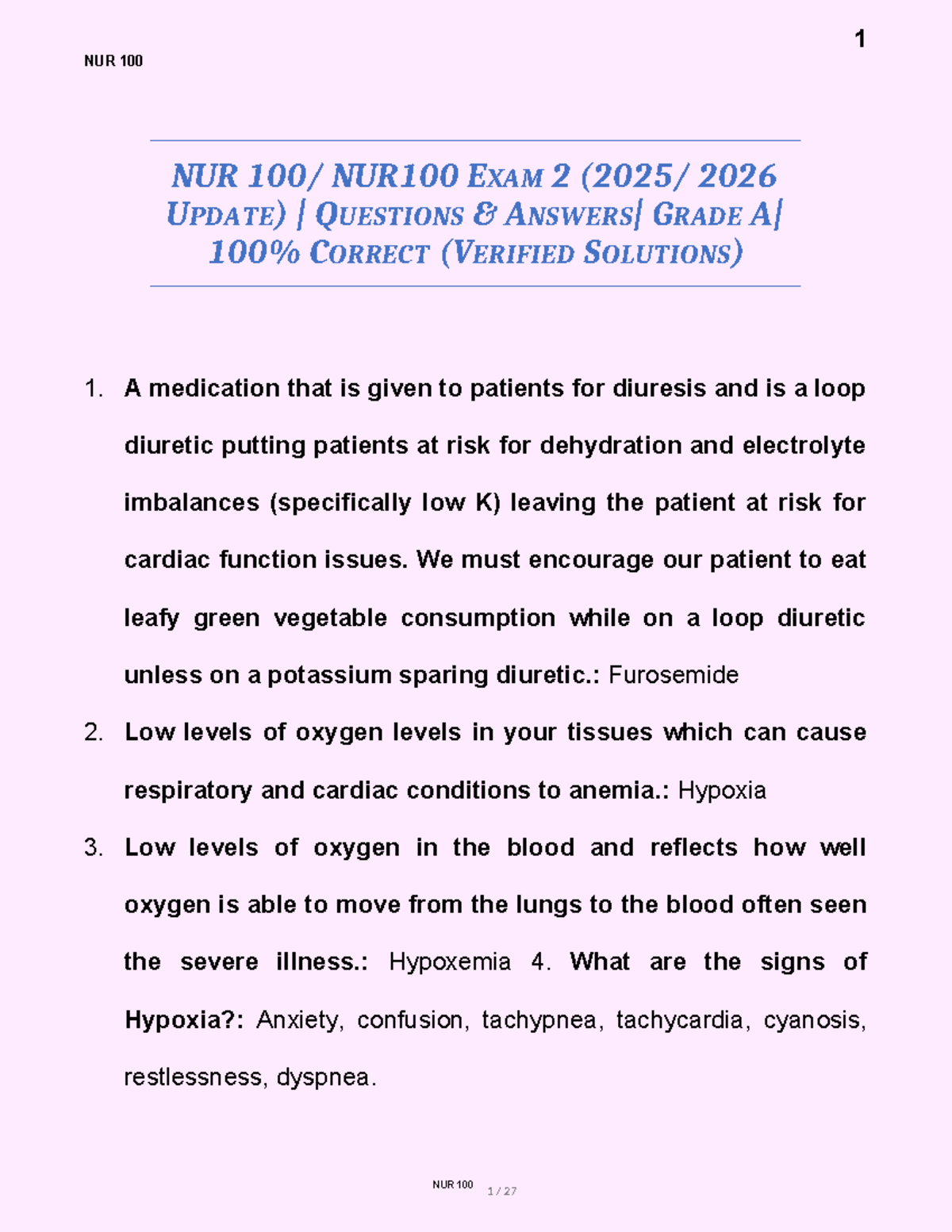 NUR 100 Exam 2 Practice Questions and Verified Solutions - Studocu