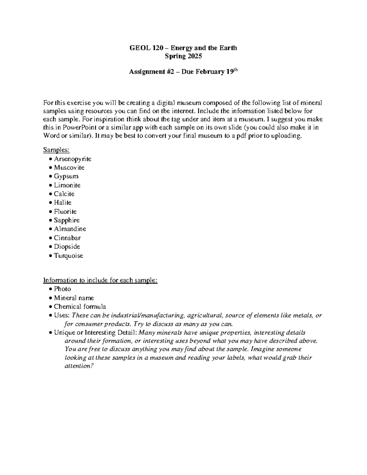 GEOL 120 Spring 2025: Digital Museum of Mineral Samples Assignment ...