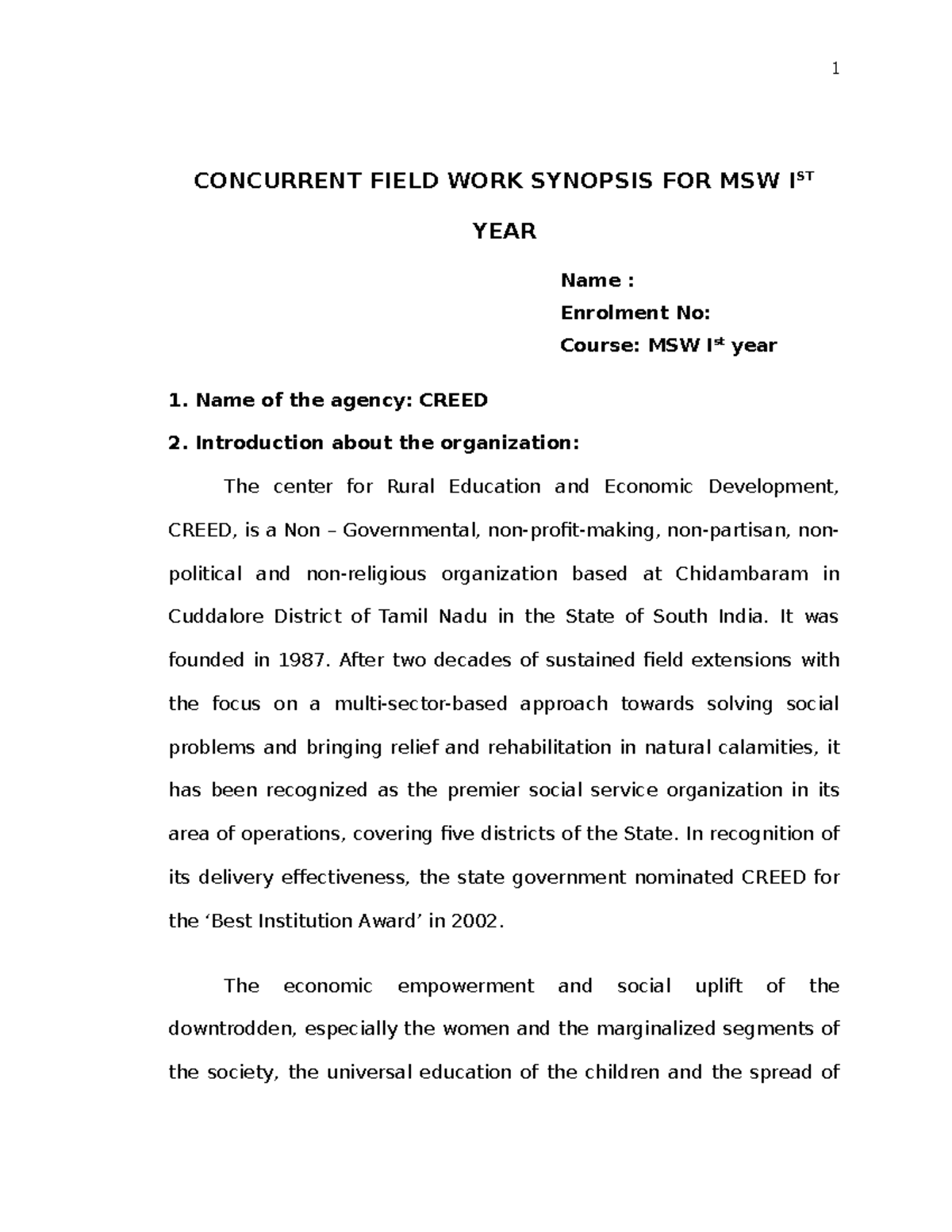Model MSW I Year Synopsis - CONCURRENT FIELD WORK SYNOPSIS FOR MSW IST ...