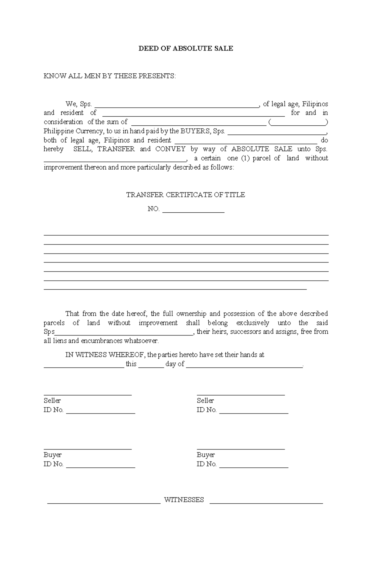 DEED OF ABSOLUTE SALE - Legal Document for Property Transaction - Studocu