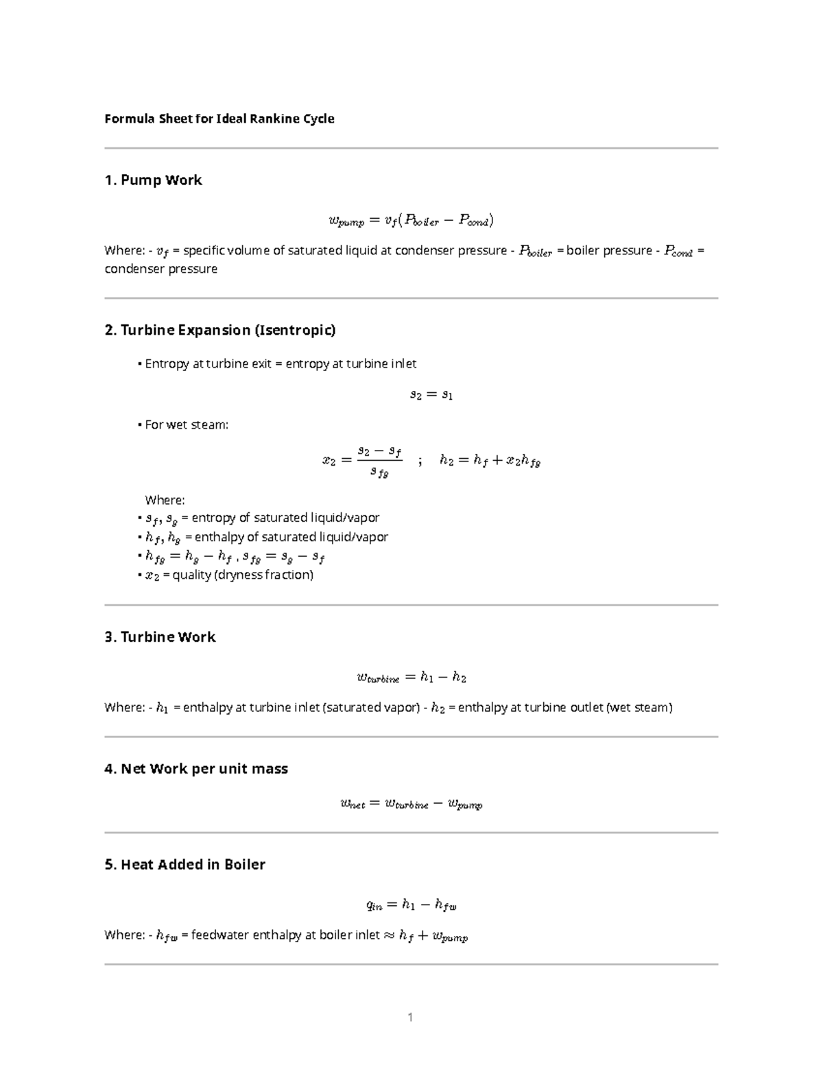 Rankine Cycle Formula Sheet - MEE351 - Studocu