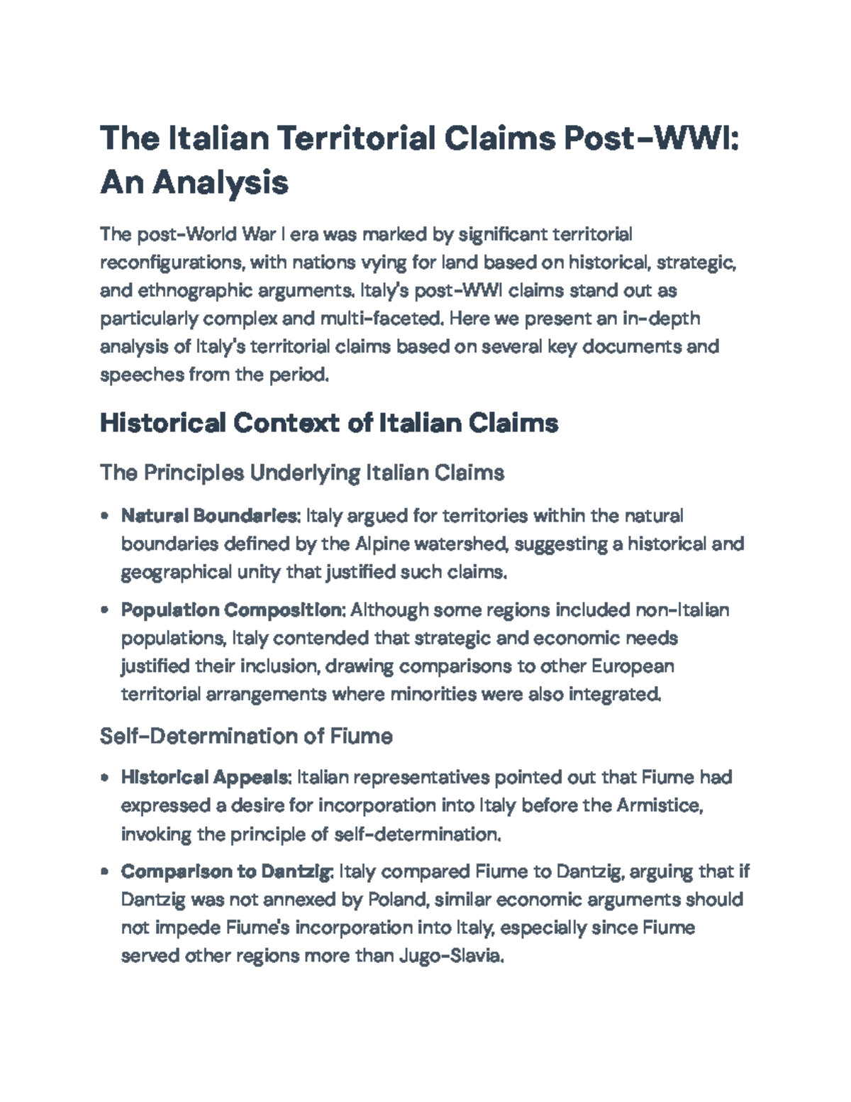 Post-WWI Italian Territorial Claims Analysis: Context & Arguments - Studocu