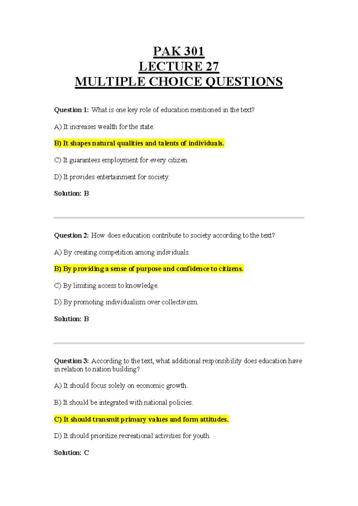PAK 301 LECTURE 27: EDUCATION MULTIPLE CHOICE QUESTIONS - Studocu