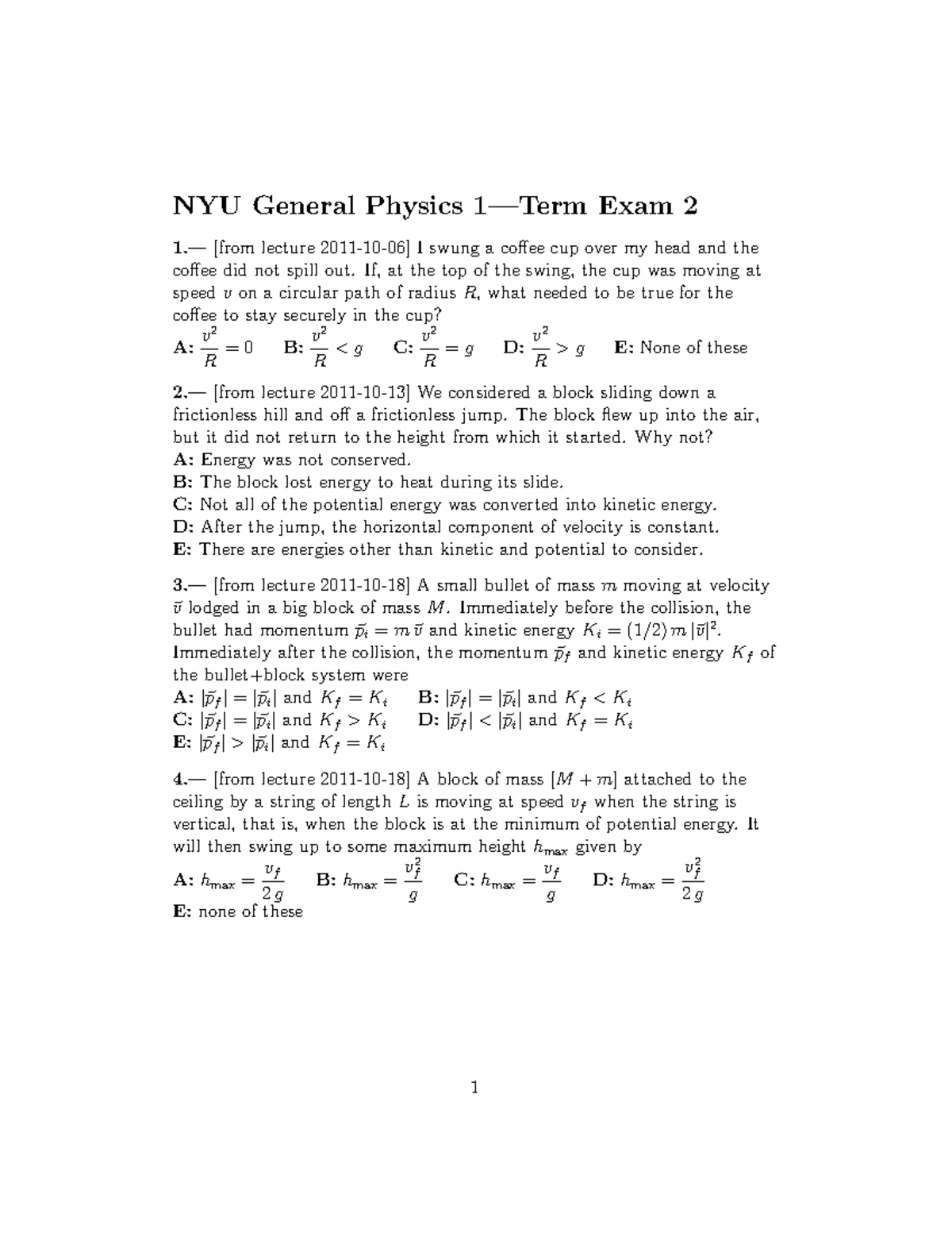 NYU General Physics 1 - Practice Exam 2 Review Questions - Studocu