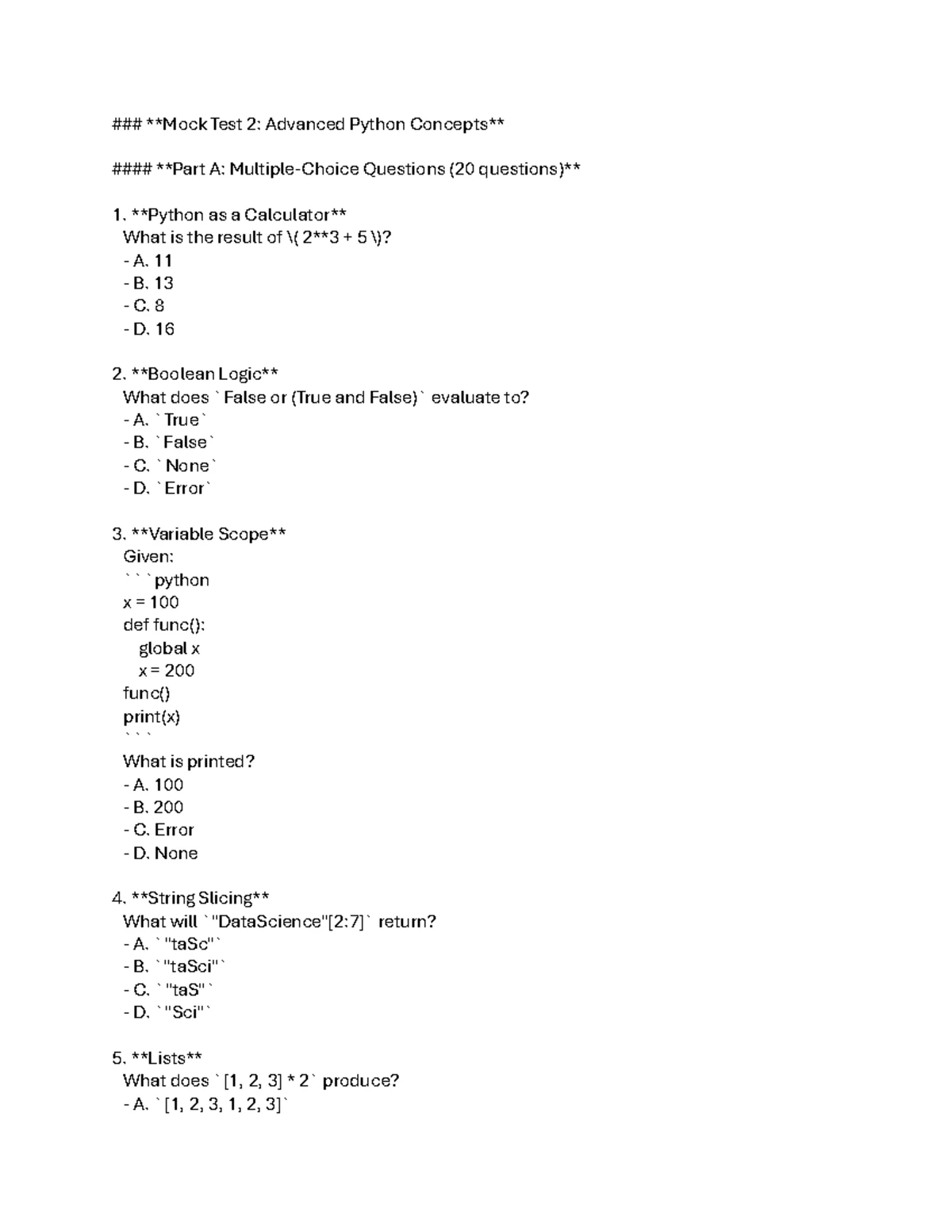 Mock Test 1 - Comprehensive Python Assessment - Studocu