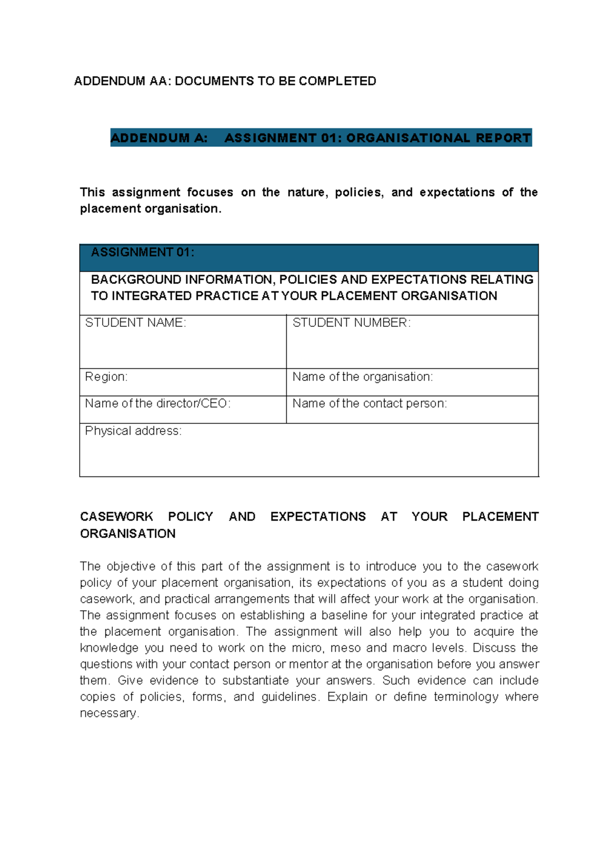 BSW 4805 Assignment 01: Organisational Report Addendum AA 2024 - Studocu
