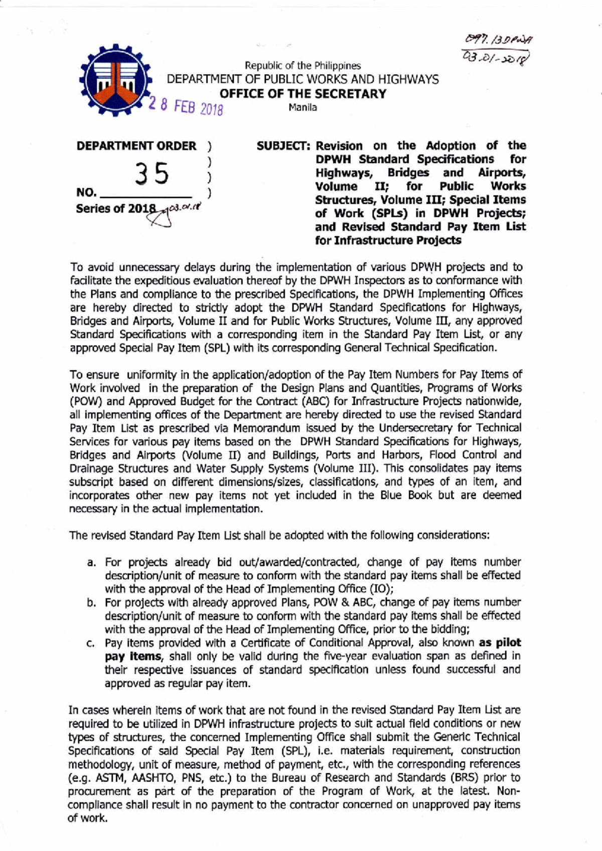 DPWH Department Order No. 35: Adoption of Standard Specs for ...