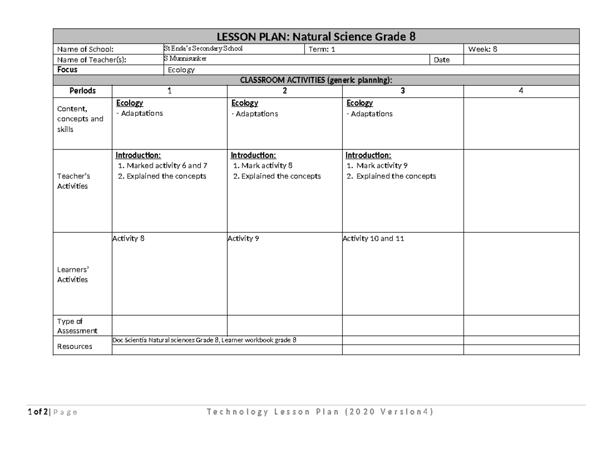 Grade 8 Natural Science Term 1 Lesson Plan Wk 8: Focus on Ecology - Studocu